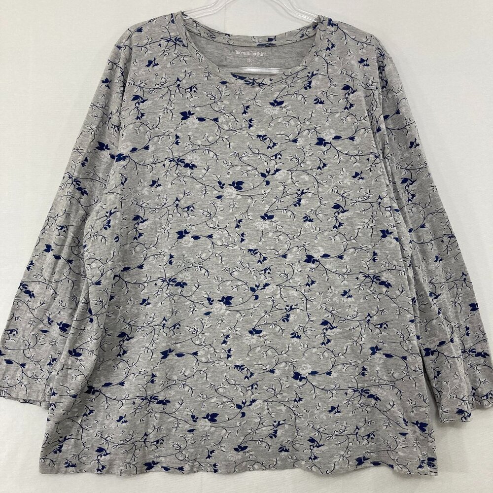 Woman Within Top size 22/24 Gray Floral Cotton Stretch Long Sleeve Comfy Casual‎